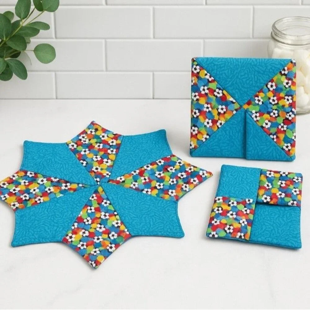 Vintage Quilted Hot Pad Set Handmade Star Trivet Pot Holders Reversible